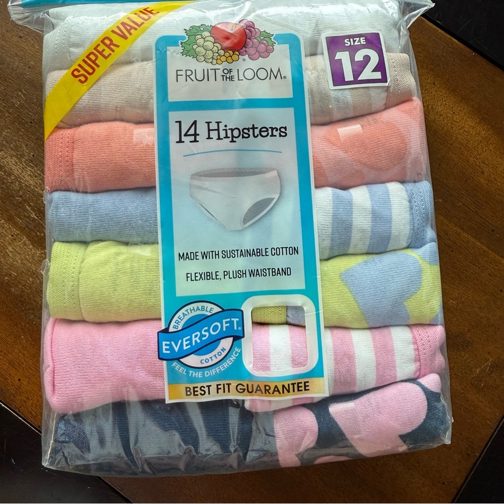 Girls Size 12 Fruit of the Loom 14-Pack Hipster Panties Cotton Tagless
